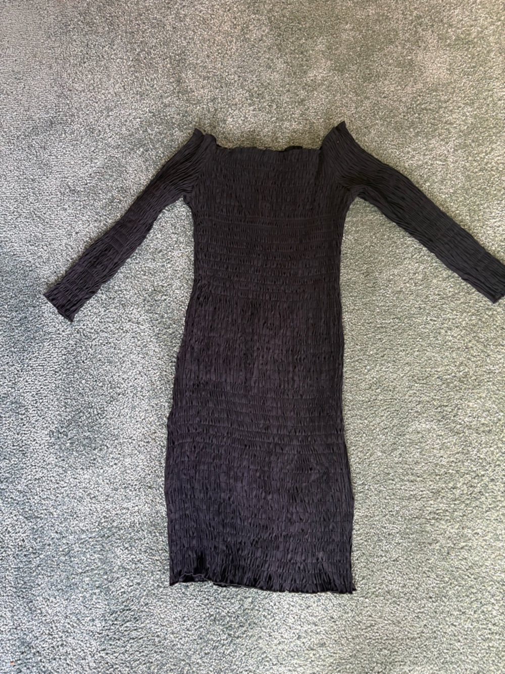 Zara Black Long Sleeve Smocked Midi Bodycon Dress